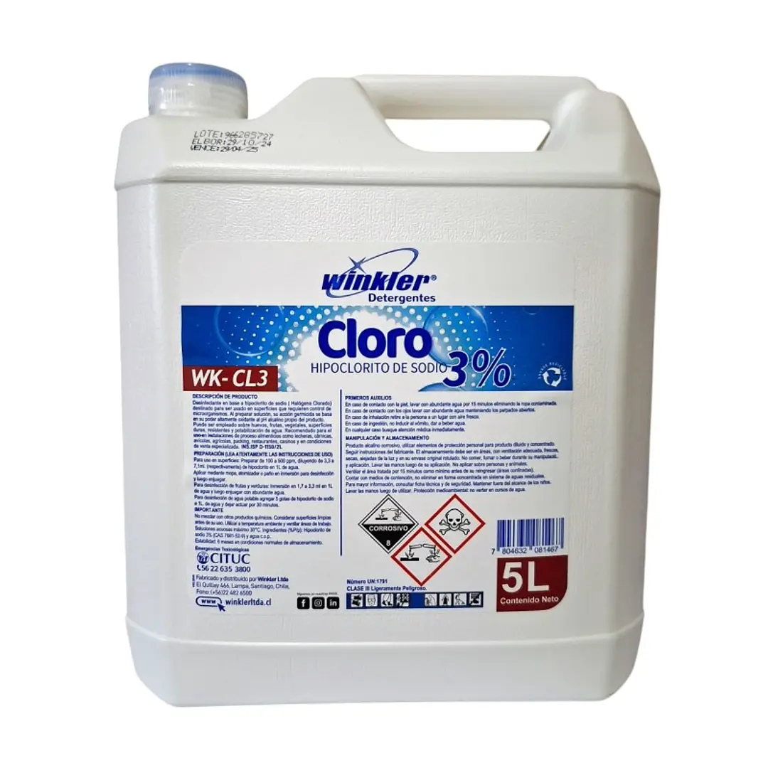 CLORO, HIPOCLORITO SODIO 3%. ENV. 5L. WK-CL3 - WINKLER